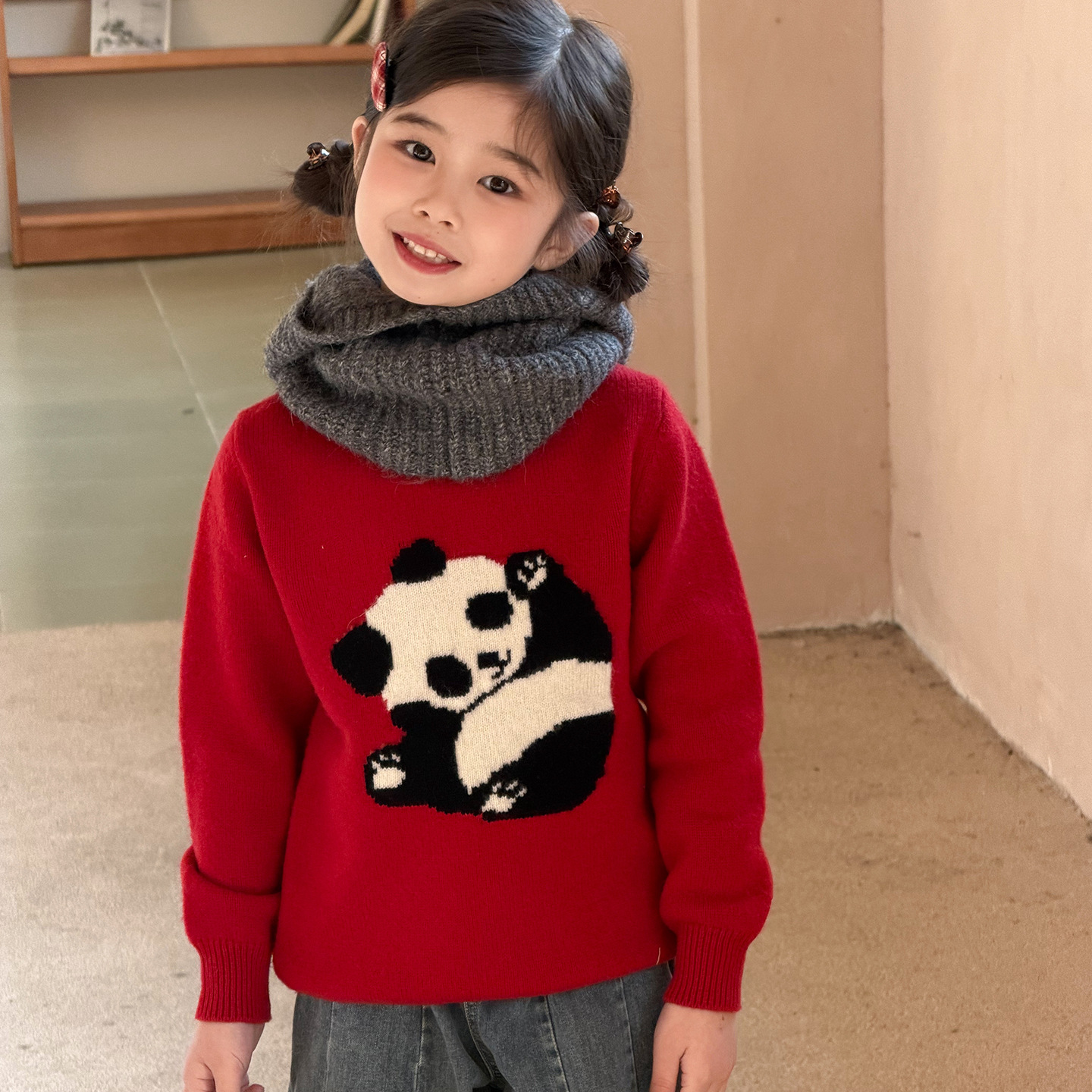 Children's wool knitted jacquard round neck long-sleeved sweater with cartoon panda design, perfect for autumn and winter.