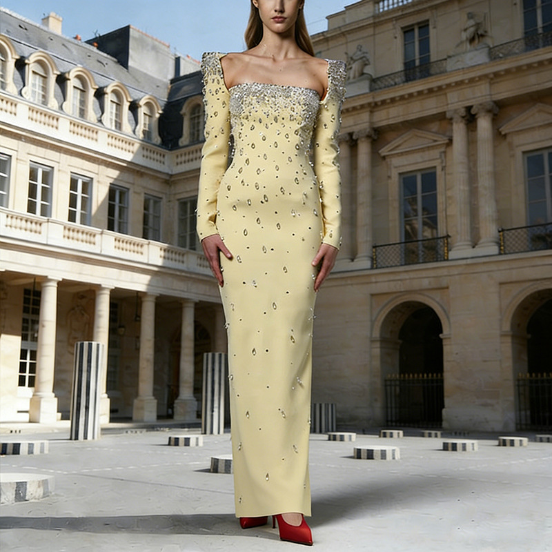 European and American Cross-Border Luxury Quality Long Dress 2026 New Style Square Neck Heavy Beading and Rhinestone Embellished Long Gown