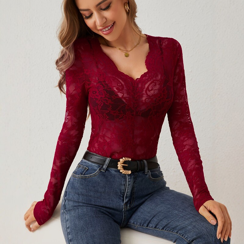 2026 Spring and Autumn New European and American Style V-Neck Lace Long Sleeve Sexy Top Slim Fit Hollow Out Sexy Base Shirt for Women