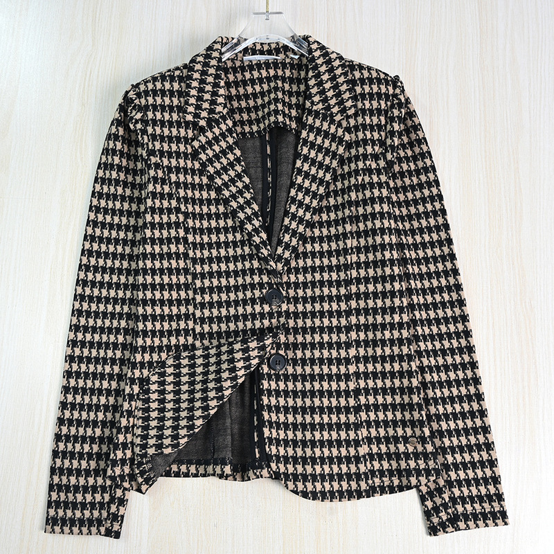 Siqi Women's Clothing 259/29 Soft Elastic Houndstooth Pattern Two-Button Shoulder Pad Puff Sleeve Slim Casual Small Suit