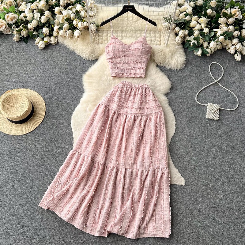 Cross-Border Age-Reducing Summer Outfit Set, Hot-Selling New Style, Camisole Top, Short Versatile Flared Skirt, Sweet Two-Piece Set