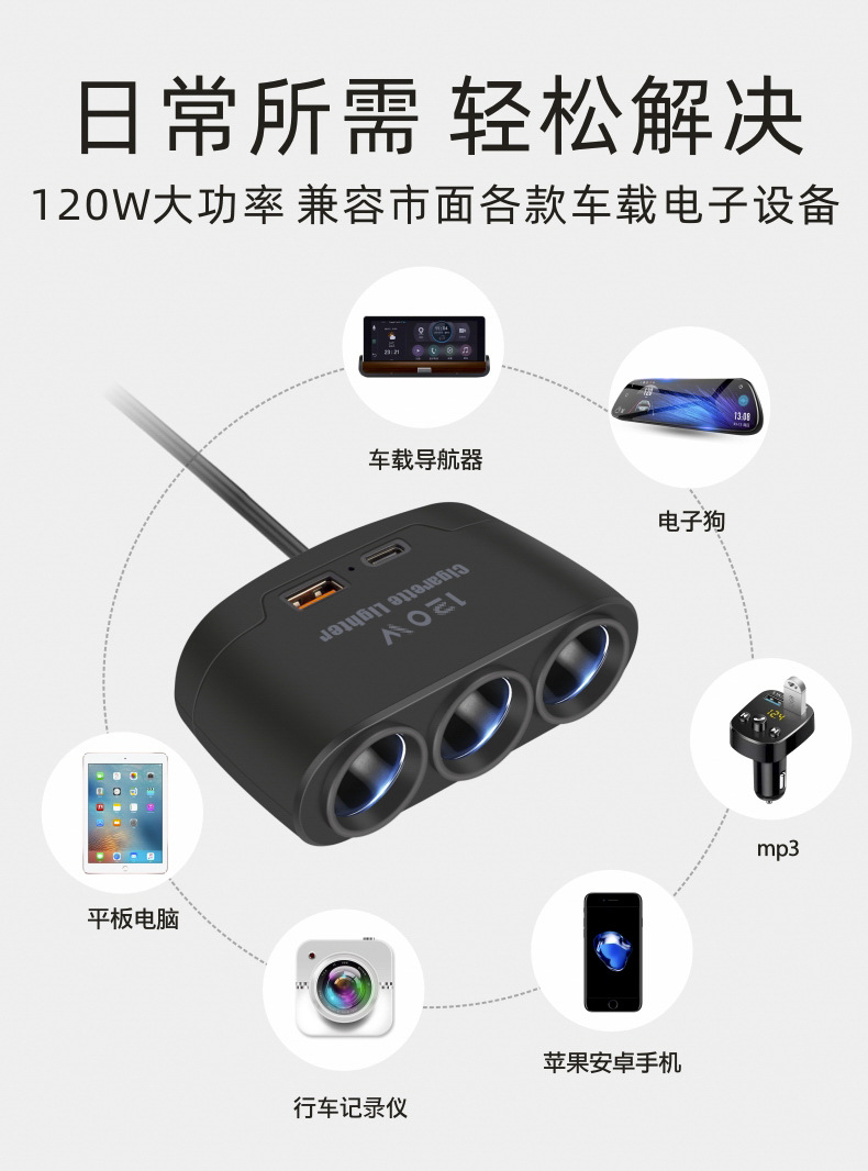 Car Charger Car Cigarette Lighter Conversion Plug Power Extension Cord One to Three USB Fast Charging Rear 24V