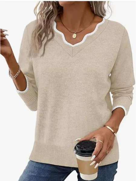 European and American Style Cross-Border Aliexpress Amazon Autumn and Winter New Loose Comfortable Casual V-Neck Pullover Color-Block Sweater for Women