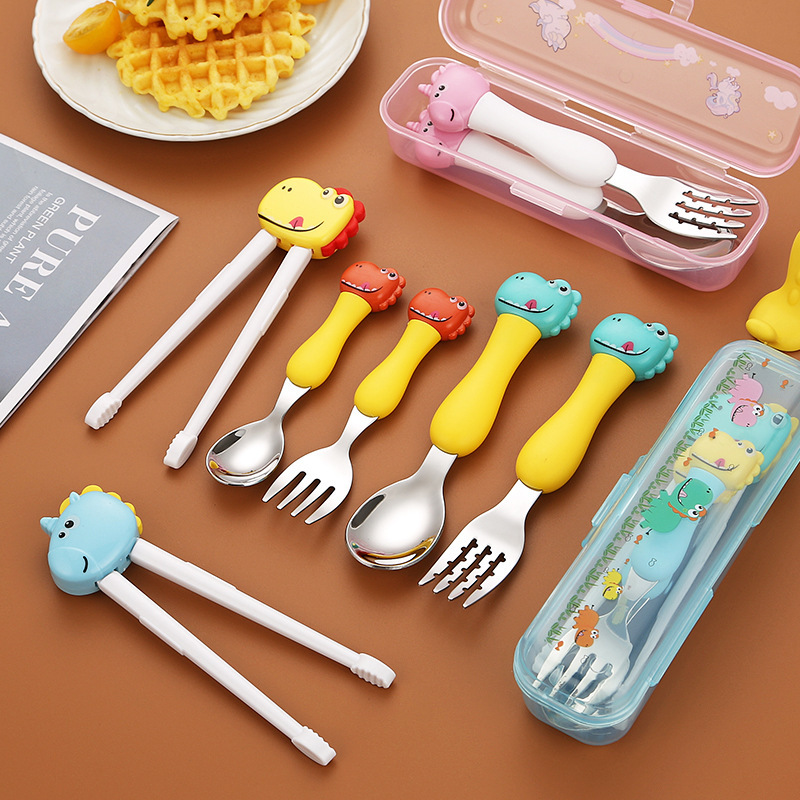 304 stainless steel spoon Fork training chopsticks suit baby cute drop-resistant children's tableware cartoon portable tableware