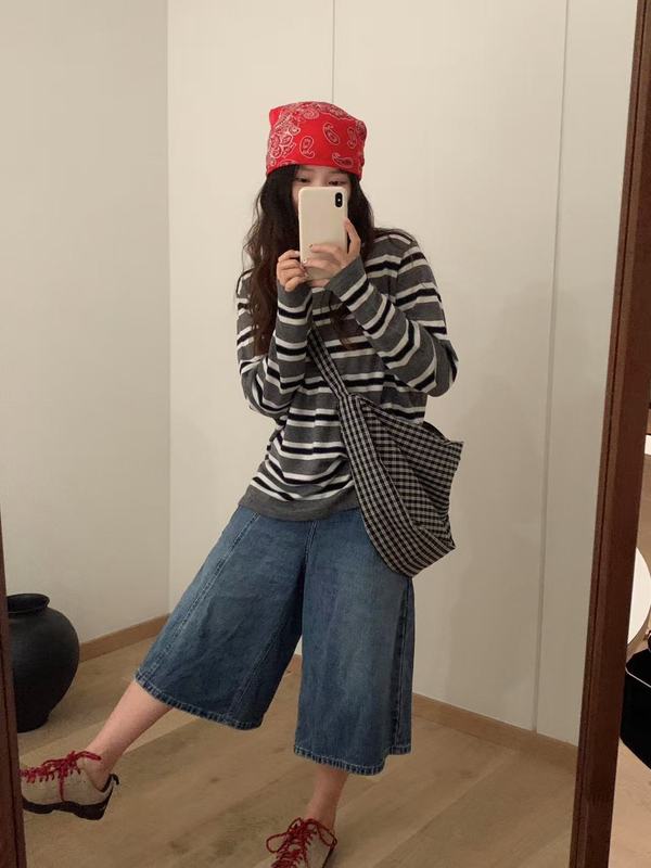 韩系休闲条纹美式复古宽松6羊毛针织衫秋季百搭女装G1425|undefined