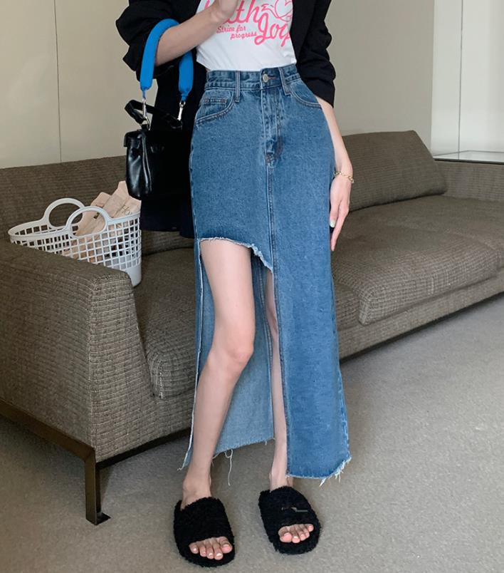 不规则毛边牛仔裙半身裙女夏季高腰显瘦中长裙设计感a字裙子R1936