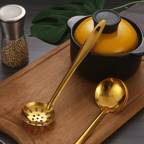 Stainless steel hot pot scoop golden long handle soup spoon multi-purpose household large soup ladle scoop set commercial wholesale