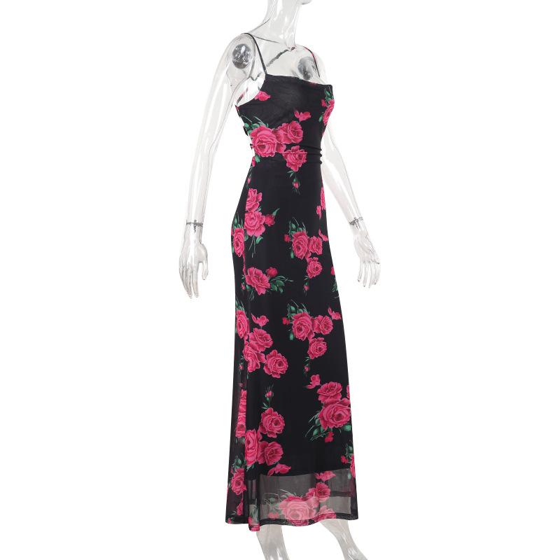 Spring Maxi Dress Sexy Spaghetti Strap Floral Print Backless Lace up Dress