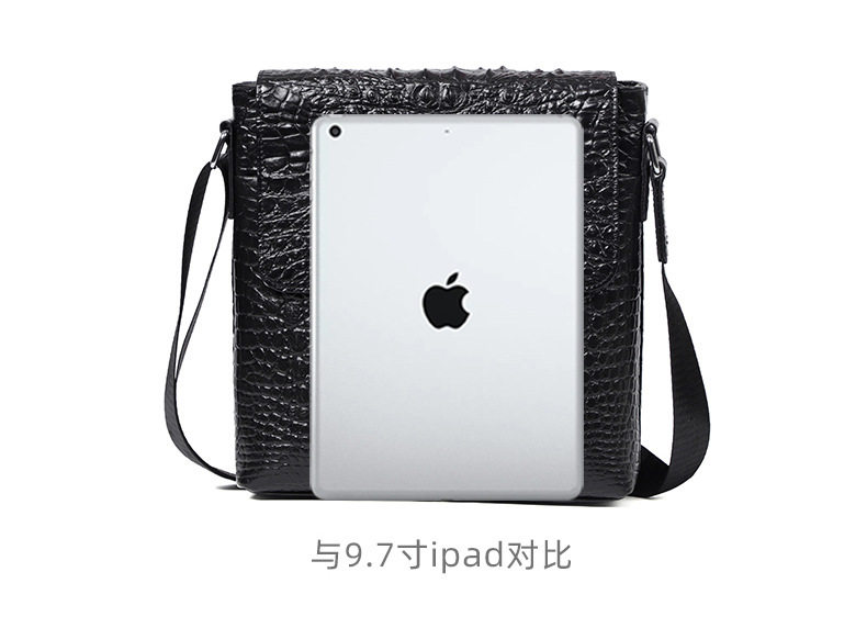 Túi đeo chéo nam da bò thật vân cá sấu, túi đeo vai mở rộng đựng vừa máy tính bảng 8 inch — Màu cà phê, Màu đen chi tiết 11