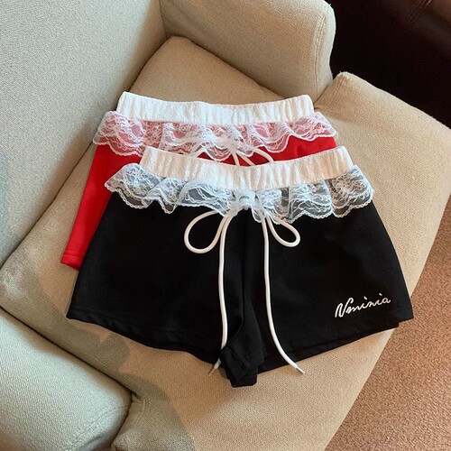 Sweet and Spicy Girl Red Low-Waist Splicing Lace Edge Casual Pants for Women Summer Fashion Versatile Casual Pencil Skirt Shorts