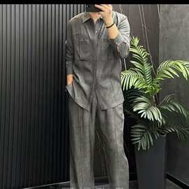 男士慵懒风复古多口袋长袖衬衫男宽松轻奢衬衣套装薄夏季现货