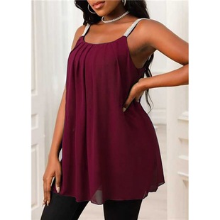 AliExpress Amazon 2023 European and American Plus Size Women's Summer Chiffon Sling Solid Color Casual Loose Top