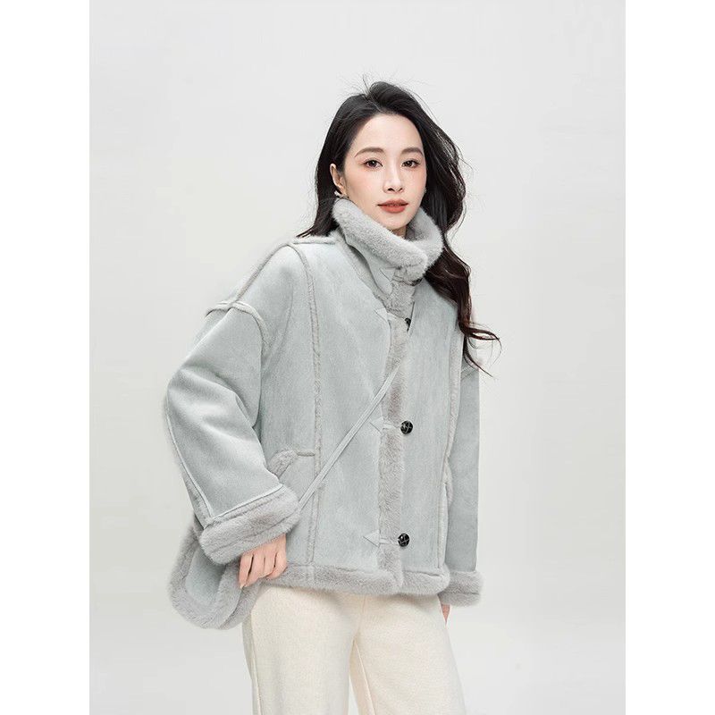 小个子毛毛拼接设计感加厚机车服女冬季新款宽松休闲立领蓝色外套|undefined