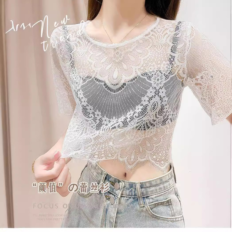 Lace Short-sleeved T-shirt Women's Summer Slip Skirt Inner Base Shirt Loose Hollow-out Blouse Black Mesh Top