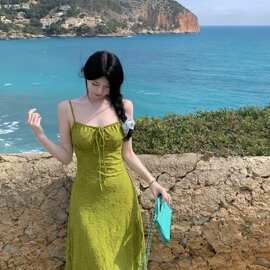【原版面料】绿色吊带连衣裙女夏季高级感胖mm大码修身显瘦气质长
