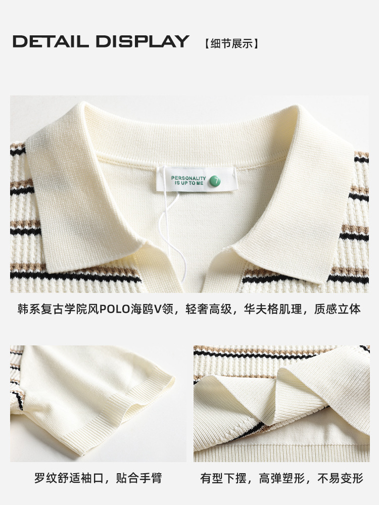 Nuevo lujo ligero viejo estilo de dinero para hombres a rayas de punto polo camisa de hombre con solapa de cuello en V de manga corta de alto nivel de ropa casual para hombres