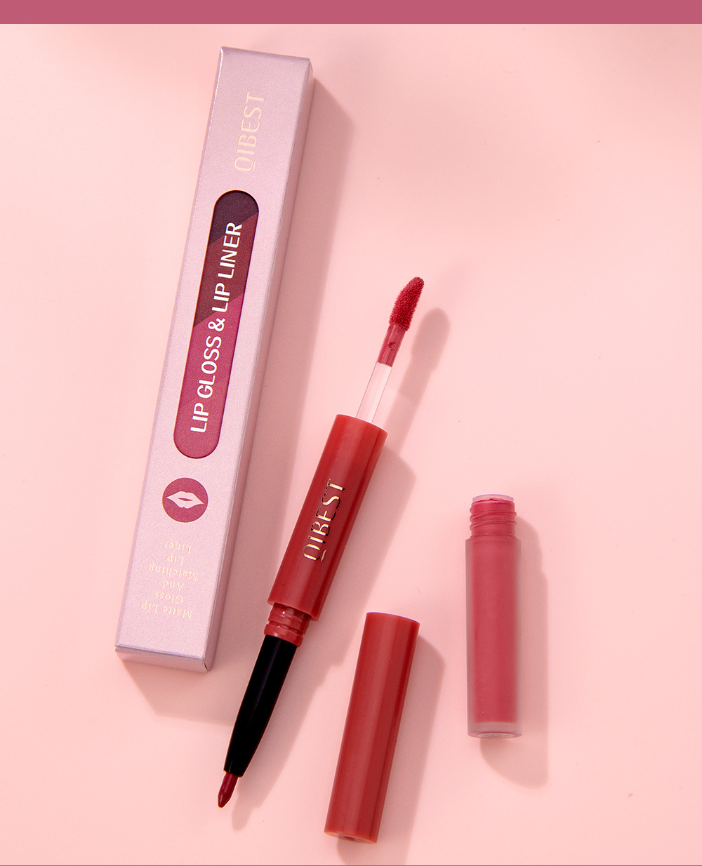 QIBEST Cross-border two-in-one Lip gloss and lip liner pen Waterproof matte velvet non-smudging double-headed lip gloss manufacturer wholesale undefined