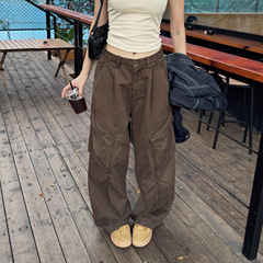 洗水全棉工装裤女春秋季美式街头复古拖地裤宽松阔腿直筒休闲裤子