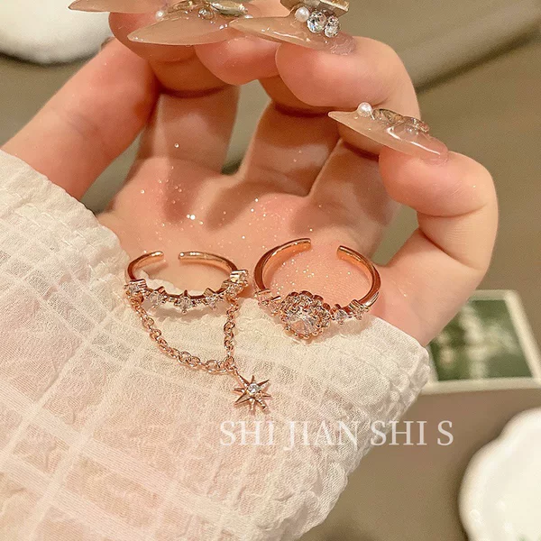 Simple Light Luxury Double Layer Rose Gold Eight Mans Star Chain Open Ring Women's Fashion Flower Shape Diamond Elegant Ring