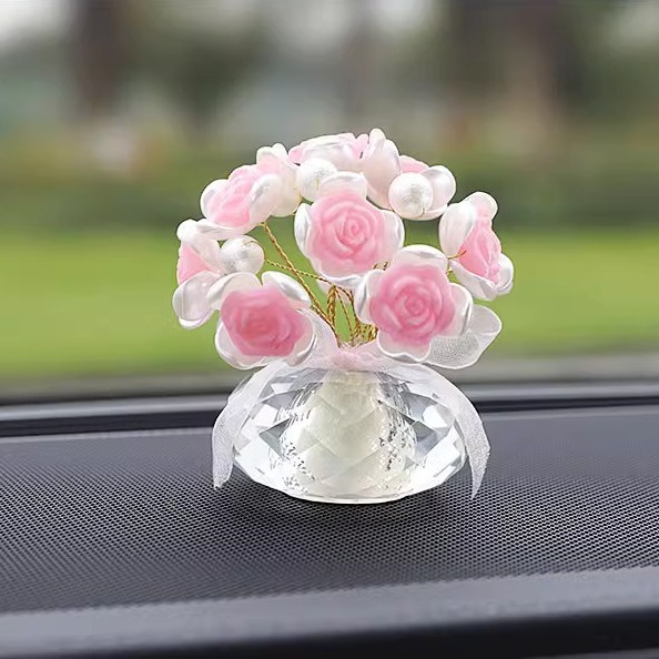 Car Accessories, Crystal Rose Flower on the Car Dashboard, Crystal Lucky Flower, Baby's Breath, Exquisite Car Interior Modification
