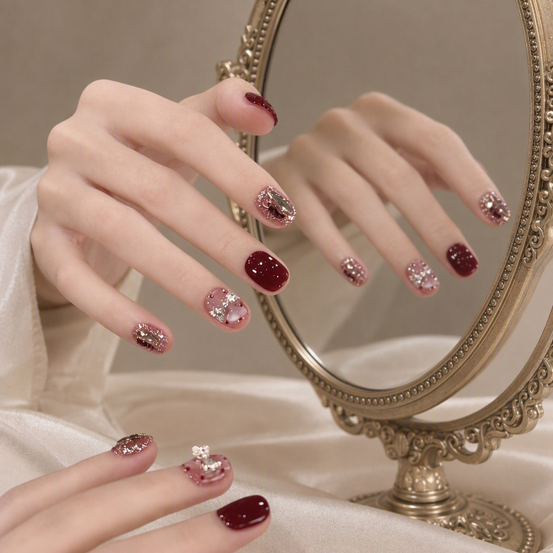 Le Ya Sweet Dream Bowknot Short Handmade Wearable Nail Tips Sweet and Whitening Fake Nails Manicure Nail Tips