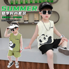 男童2024夏款新款中小儿童休闲卡通熊猫背心帅气可爱套装
