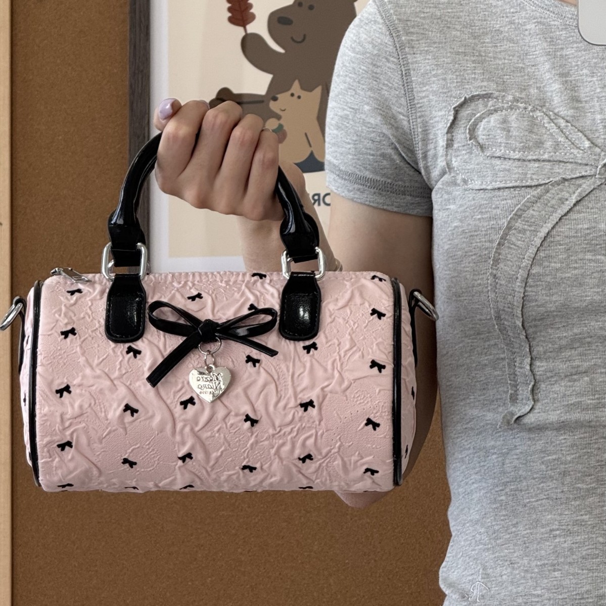 ZAR FENDEN泡泡纱波士顿包黑粉蝴蝶结小众百搭单肩斜挎手提包