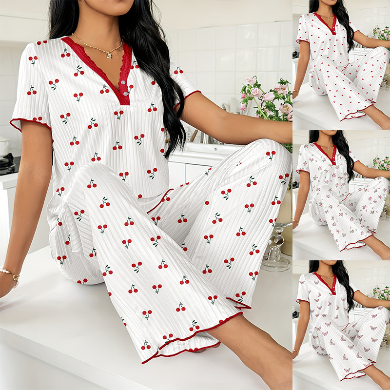 European and American Cross-Border Spring and Autumn Printed Short-Sleeved Trousers Pajamas for Women, Comfortable Wide-Legged Women's Home Clothes That Can Be Worn Outside