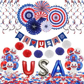 2023美国国庆派对装饰USA拉旗气球纸花球套装独立日庆典布置纸屑