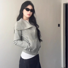 美式不规则大翻领灰色斜拉链卫衣女初冬新款重磅慵懒风高级感外套