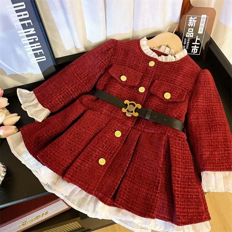 Autumn and Winter Girls' Long-sleeved Solid Color Coat for Baby Girls fleece-lined Single-breasted Outerwear Warm Elegant Chanel Style Skirt