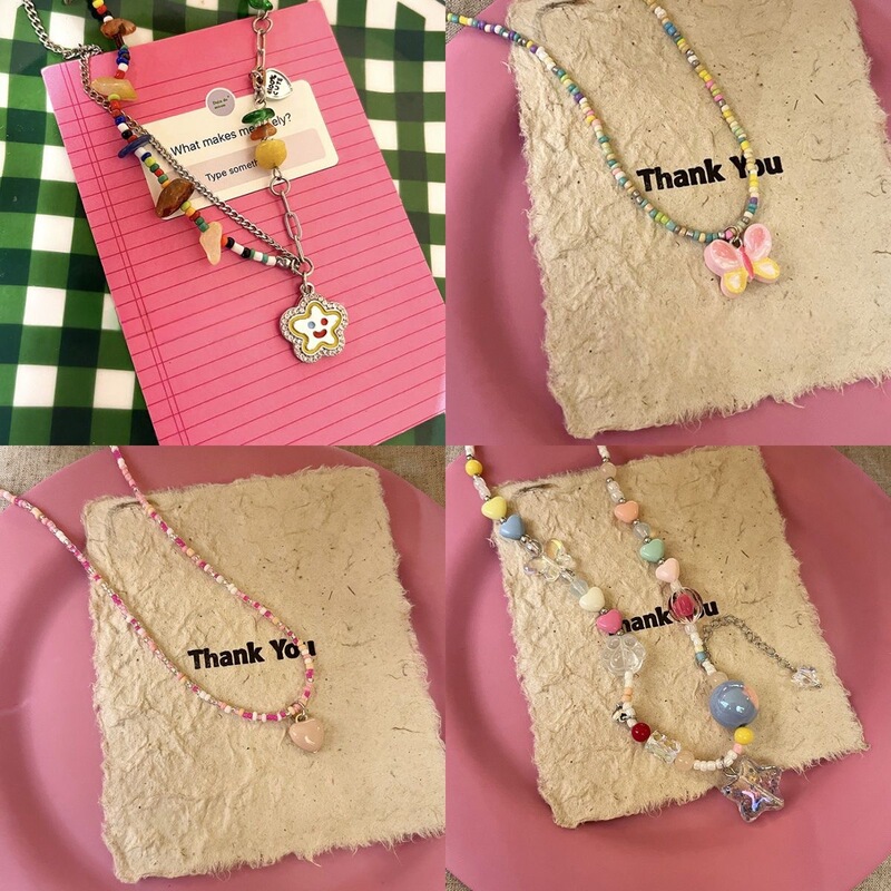 Beaded Color Dopamine Childlike Contrast Color Star Candy Sweet Pink Spring/Summer Necklace Clavicle Chain Collar Pendant