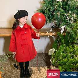 【清仓款】女童加厚领羊绒外套韩版新年款中长款中国红夹棉大衣