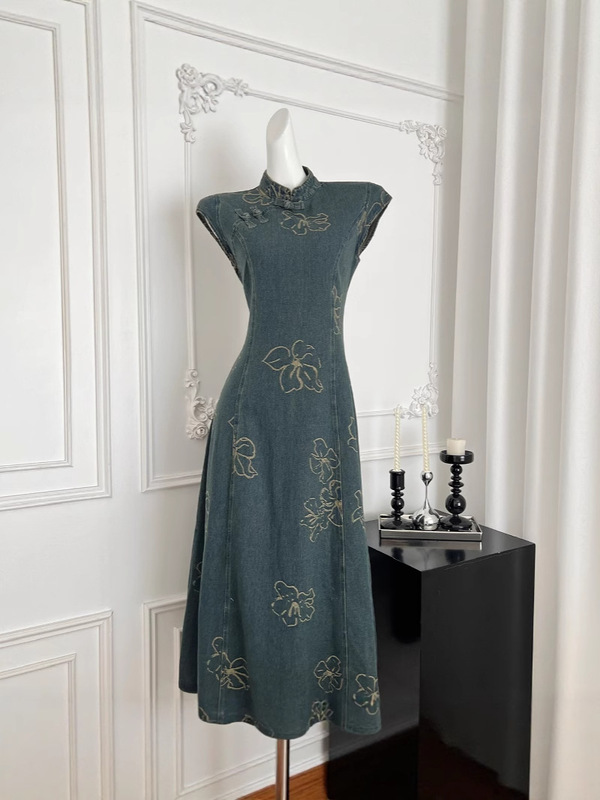 「Xinxing」Lingqian Zihai Indigo Feather National Style 新中国風蝶デニムドレスレトロ気質チャイナドレス|undefined