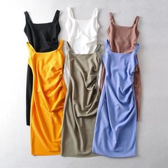 欧米のギャルの夏のフランスのしわのベストのロングスカートの広い肩のベルトのファッションは腰のワンピースを収めます。