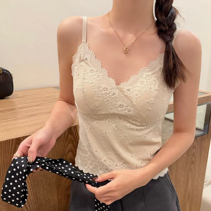 Spring and Summer New French Lace Fixed-Cup Camisole with Sexy V-Neck, Elegant and Fashionable High-End Beauty Back Lingerie
