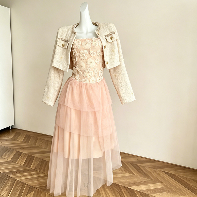 Handcrafted Rose Embroidery Strapless Dress with Multi-Layered Tulle Cake Skirt and Tweed Cardigan Two-Piece Set