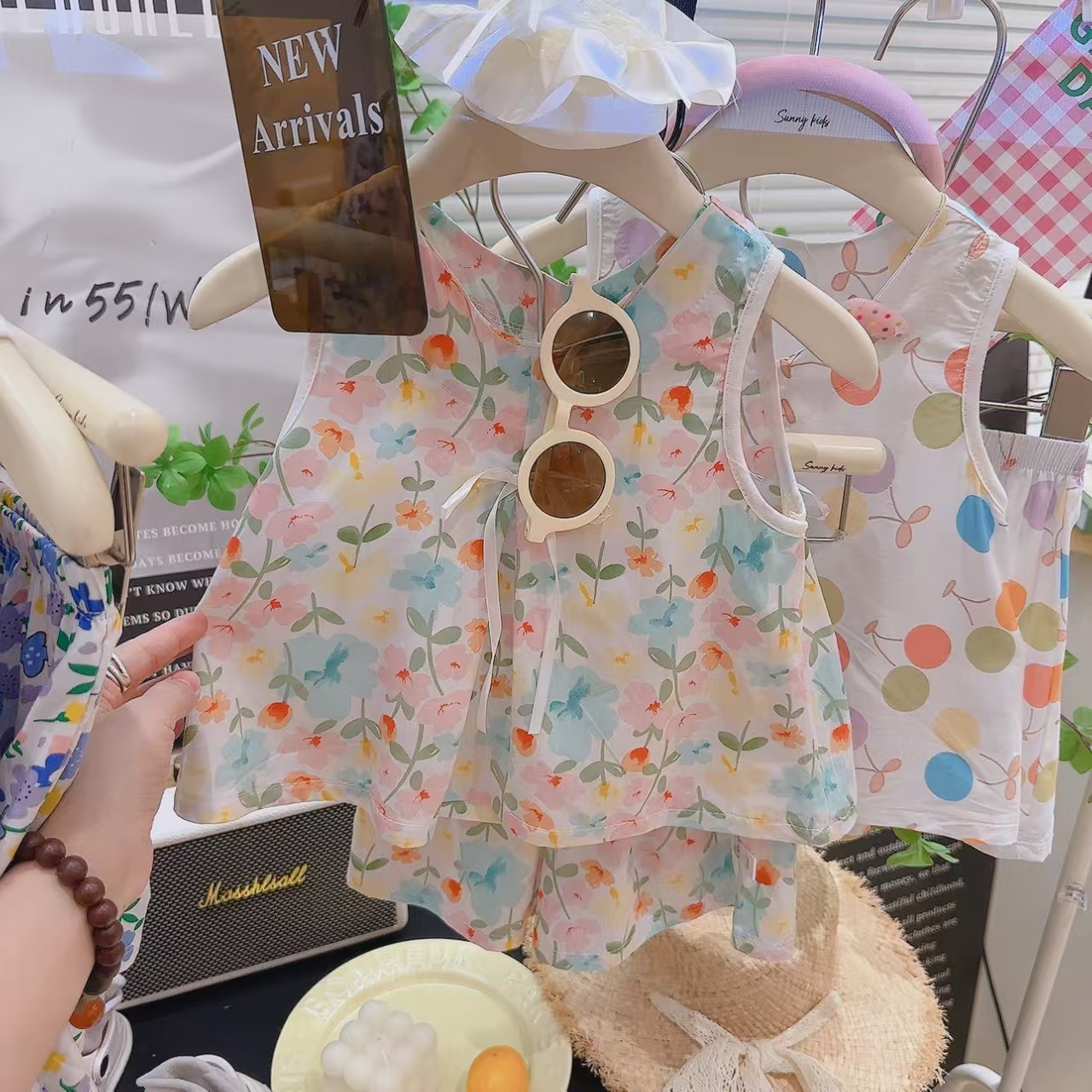 新款蝴蝶结绵绸套装夏季薄款洋气女童无袖短裤背心绵绸家居服套装