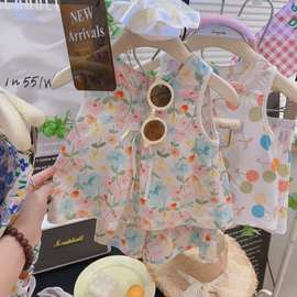 新款蝴蝶结绵绸套装夏季薄款洋气女童无袖短裤背心绵绸家居服套装