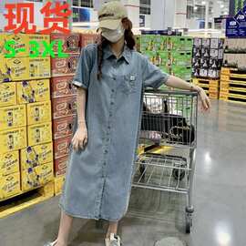 夏季短袖休闲宽松牛仔连衣裙女夏小个子2026新款港风复古衬衫裙子
