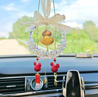 women's safety pendant, car | Car hanging - white-crystal-gold-embroidered-gourd-pendant-mickey