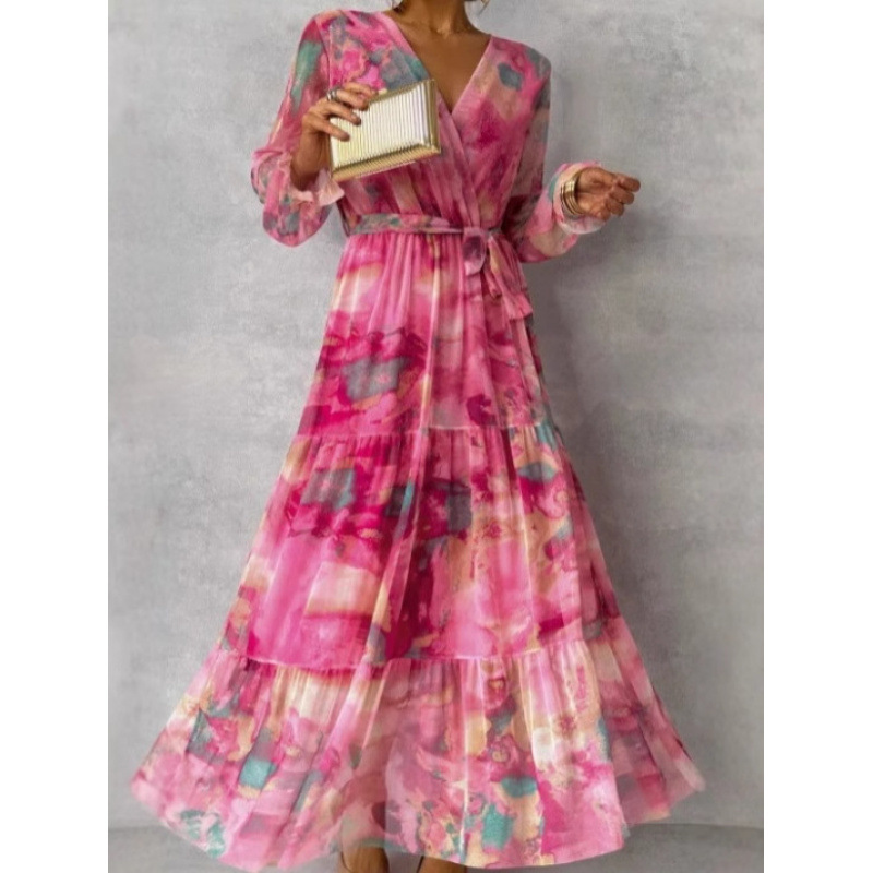 2025 European and American Cross-Border Amazon Elegant and Intellectual Style Hot-Selling Tie-Waist Printed Patchwork Flared Women's Dress
