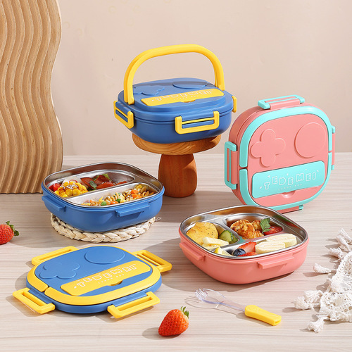 E-commerce hot selling stainless steel children's dinner plate insulated lunch box baby lunch box with spoon compartment kindergarten lunch box