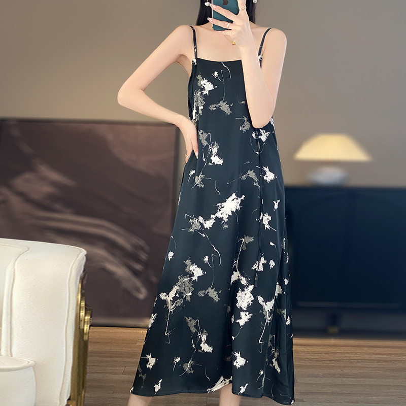 Chiffon Silk 2024 Summer New Women's dress Satin Acetic Long Thin Shoulder Strap Jacquard Skirt