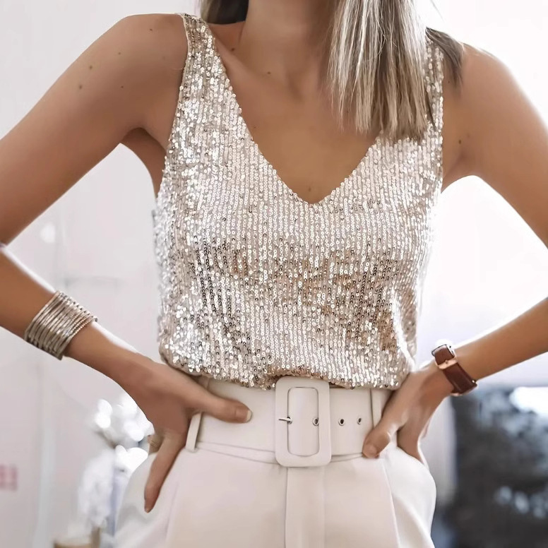 Cross-border European And American Shiny Tank New Women's Sequined Sleeveless Top, V-neck Sexy Base Shirt Top_ecoleips.com
