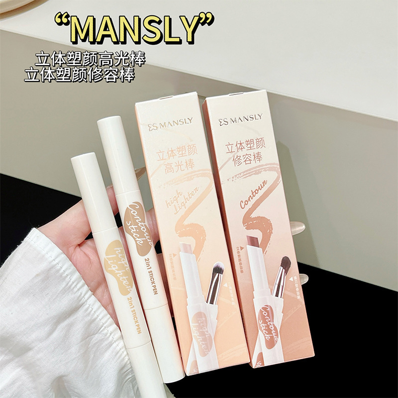 Mansely 3D Contouring Highlighter Stick Natural Makeup Dual-Ended Stick for Beginners, Smudge-Proof Student Makeup