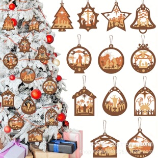 Christmas Wooden Window Decoration Pendant Snowflake Snowman Elk Pendant Party Christmas Tree Atmosphere Arrangement Wood Chips
