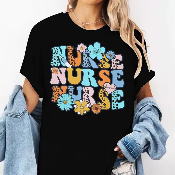 Cross-Border Nurse's Day Printed Round Neck Short-Sleeved Pure Cotton T-Shirt Women's Loose Pullover Casual Top Light Blue