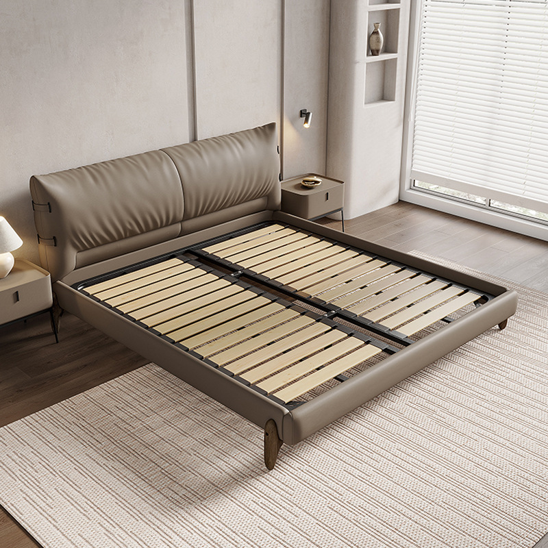 Cama de cuero genuino italiano minimalista 1,8 m dormitorio principal cama diseñador nuevo doble cama suave atmosférica boda cama muebles