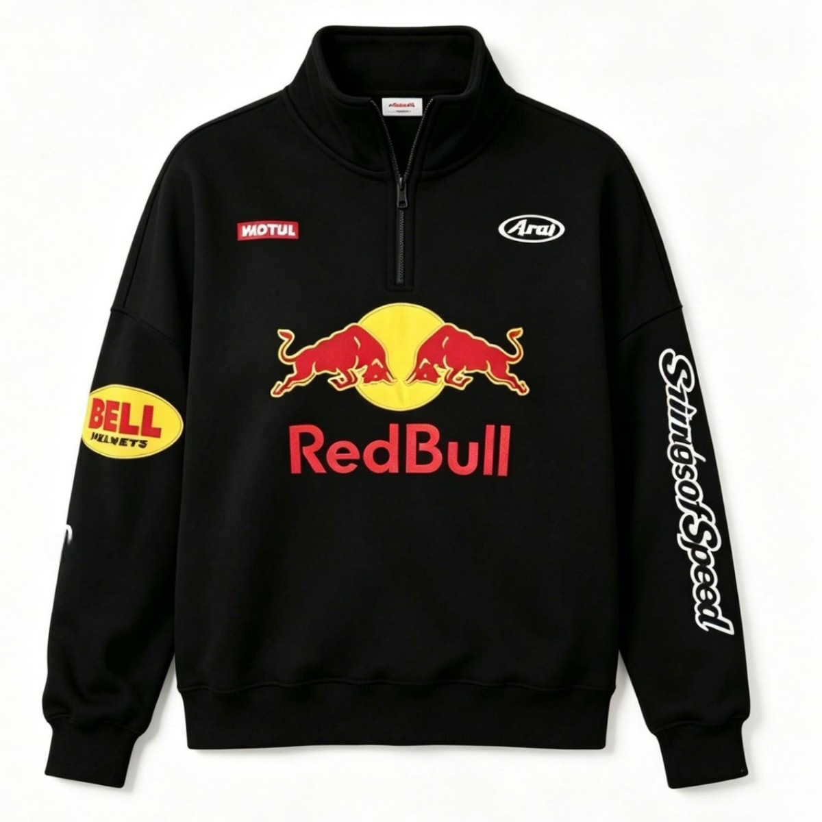 Red Bull Motorcycle Racing Collaboration Half-Zip Stand-Up Collar Sweatshirt with American Racing Print, Loose Fit for Men and Women, Factory Wholesale